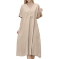 thumbnail image 1 of Women's Loose Fit Short Sleeve V-Neck Linen Blend Long Dress - Plus Size, Pure Color, Comfortable Wear, 1 of 6