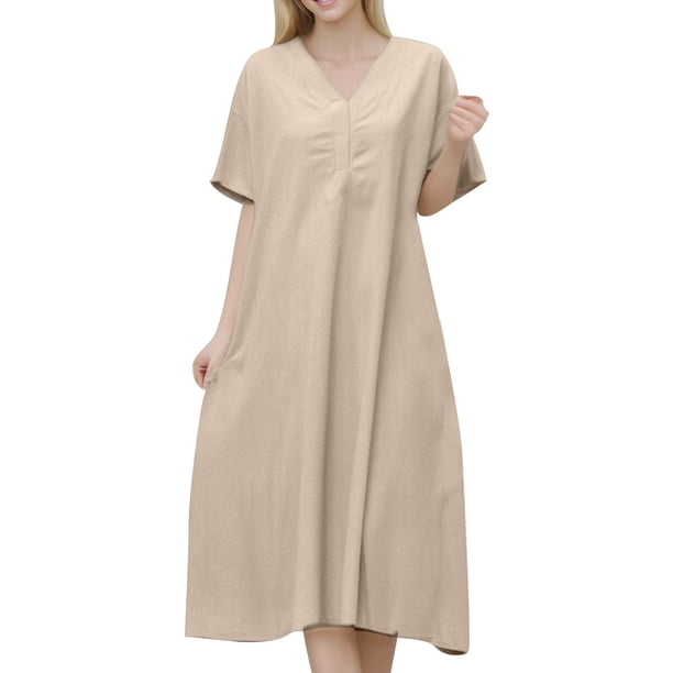 Vestido largo holgado de talla grande, manga corta, cuello en V, color liso, mezcla de lino, ligero y transpirable para llevar todo el día.