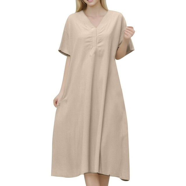 Women's Loose Fit Short Sleeve V-Neck Linen Blend Long Dress - Plus Size, Pure Color, Comfortable Wear