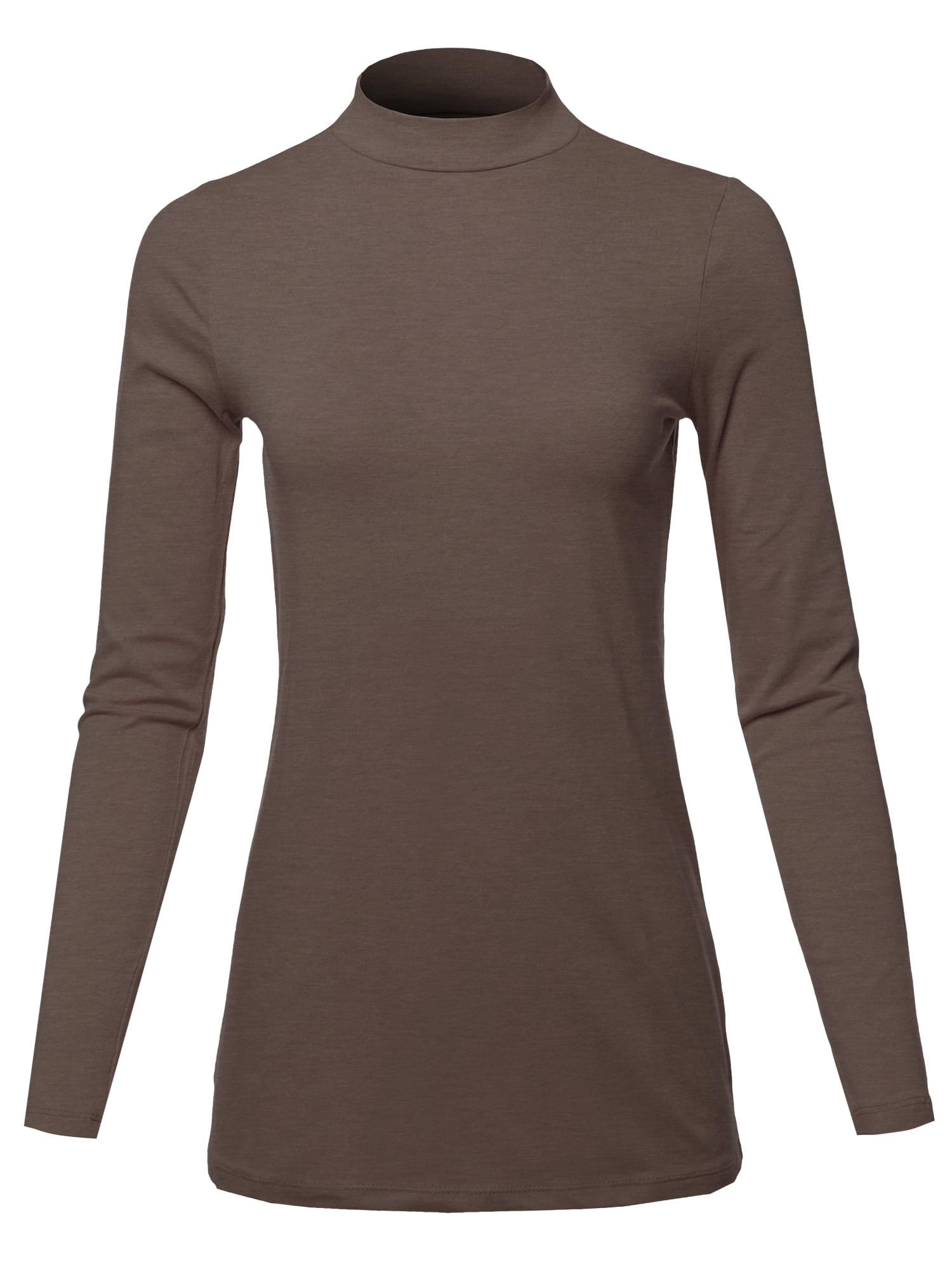 A2y Womens Basic Solid Soft Cotton Long Sleeve Mock Neck Top Shirts Brown S 