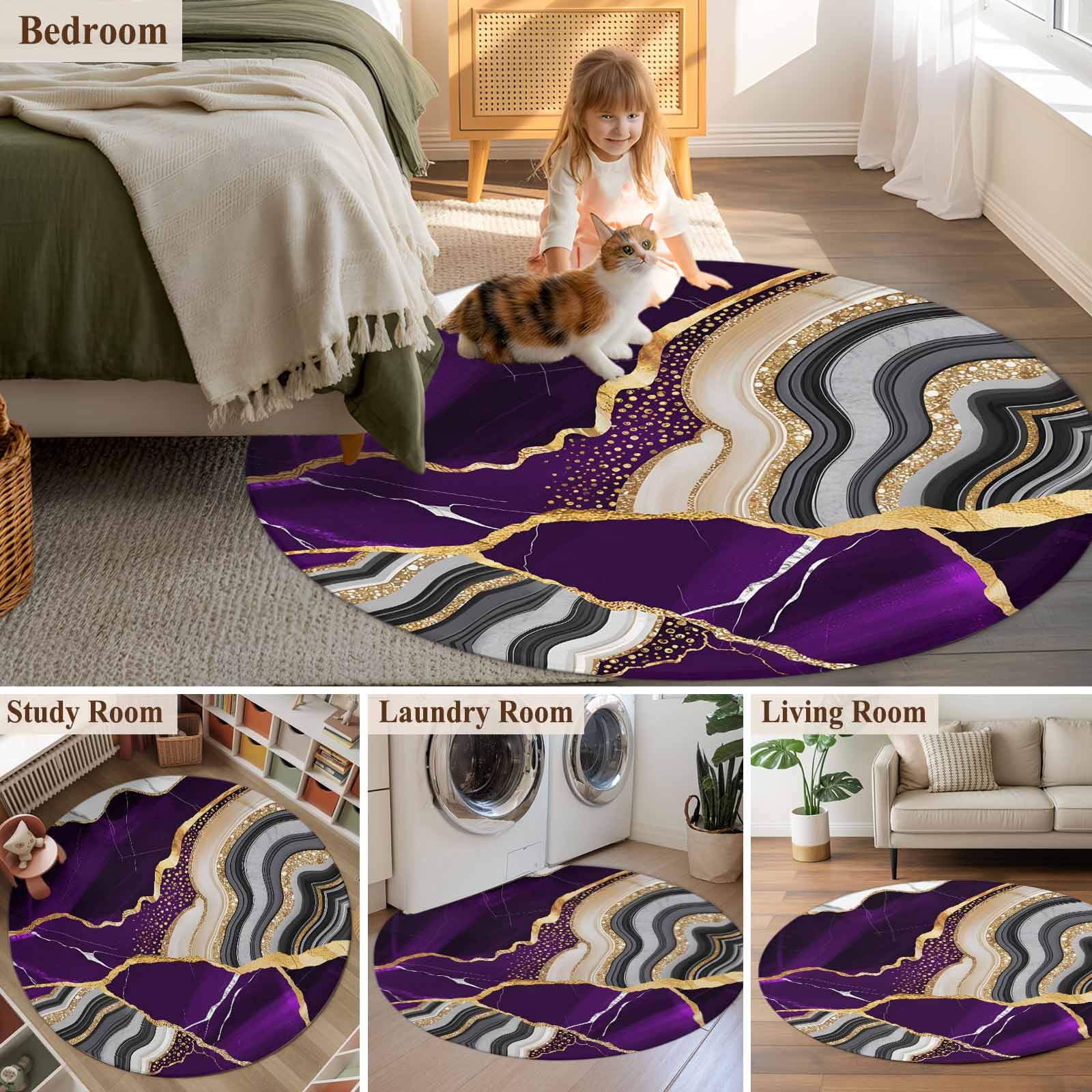 Round Rugs 4Ft, Purple Marble Round Area Rug Washable Indoor Throw Carpet, Grey Gold Texture Vintage Farmhouse Art Soft Non Slip Circle Rug for Kitchen Nursery Room Home Decor Aesthetic