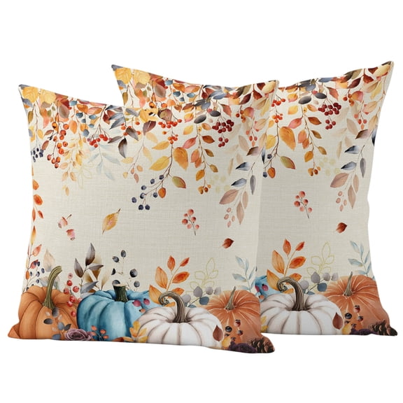 Orange Blue Fall Outdoor Pillow Covers 20"x20" Set of 2,Waterproof Throw Pillow Covers for Patio Furniture,Pumpkins Rustic Botanical Thanksgiving Decorative Cushion Pillowcases for Garden Couch Sofa