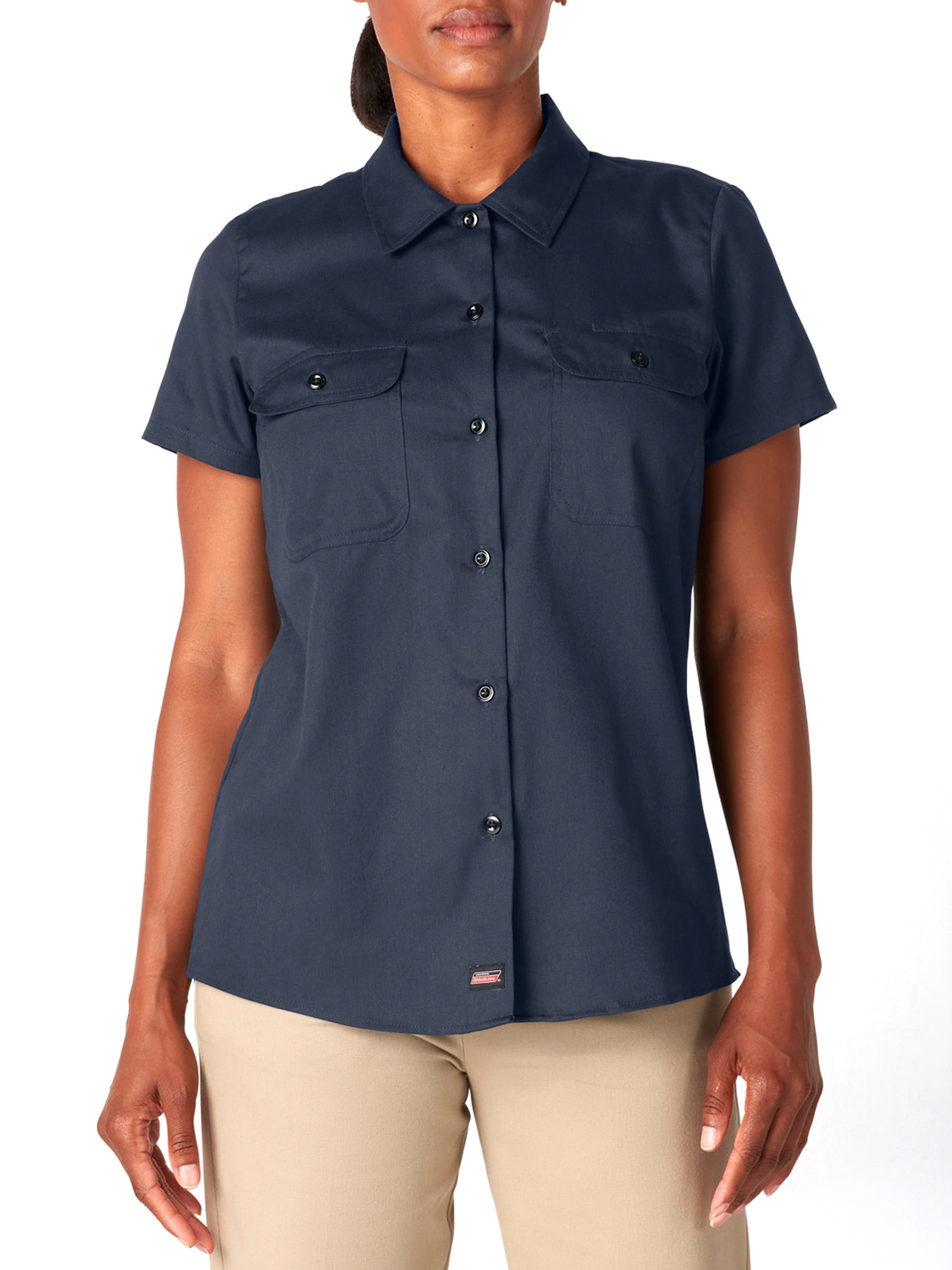 Ladies Short Sleeve Blouse Collar Smart Office Casual Dress Work Cotton Shirt 