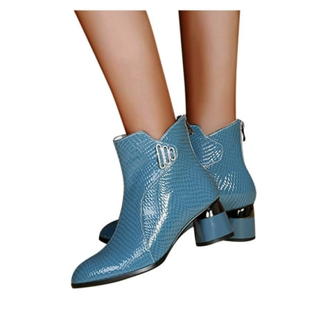

Gubotare Combat Boots Womens Women s Fashion Block Heel Ankle Boots Pointed Toe Side Zip Leather Booties Blue 8.5