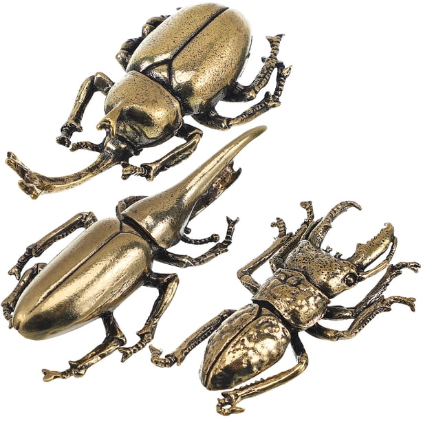 Juego de 3 estatuas de metal en miniatura para escritorio: escarabajos. Figuras decorativas para oficina y hogar.
