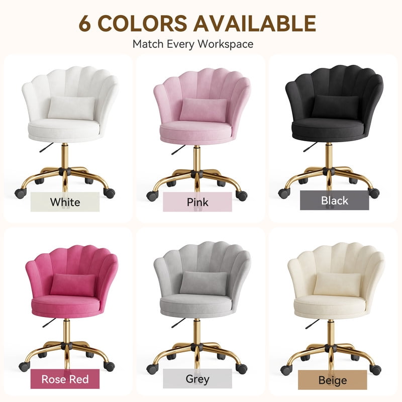 Hawsaiy Shell Back Home Office Chair with Lumbar Pillow, Modern Upholstered Desk Chair with Gold Metal Base, Swivel Adjustable Computer Chair for Home Office, Gray