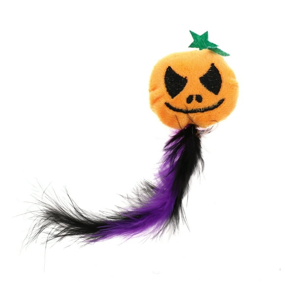 Unique Bargains 1 Pc Portable Smirking Pumpkin Cat Teaser Toys with Feather for Indoor Orange Purple Plush