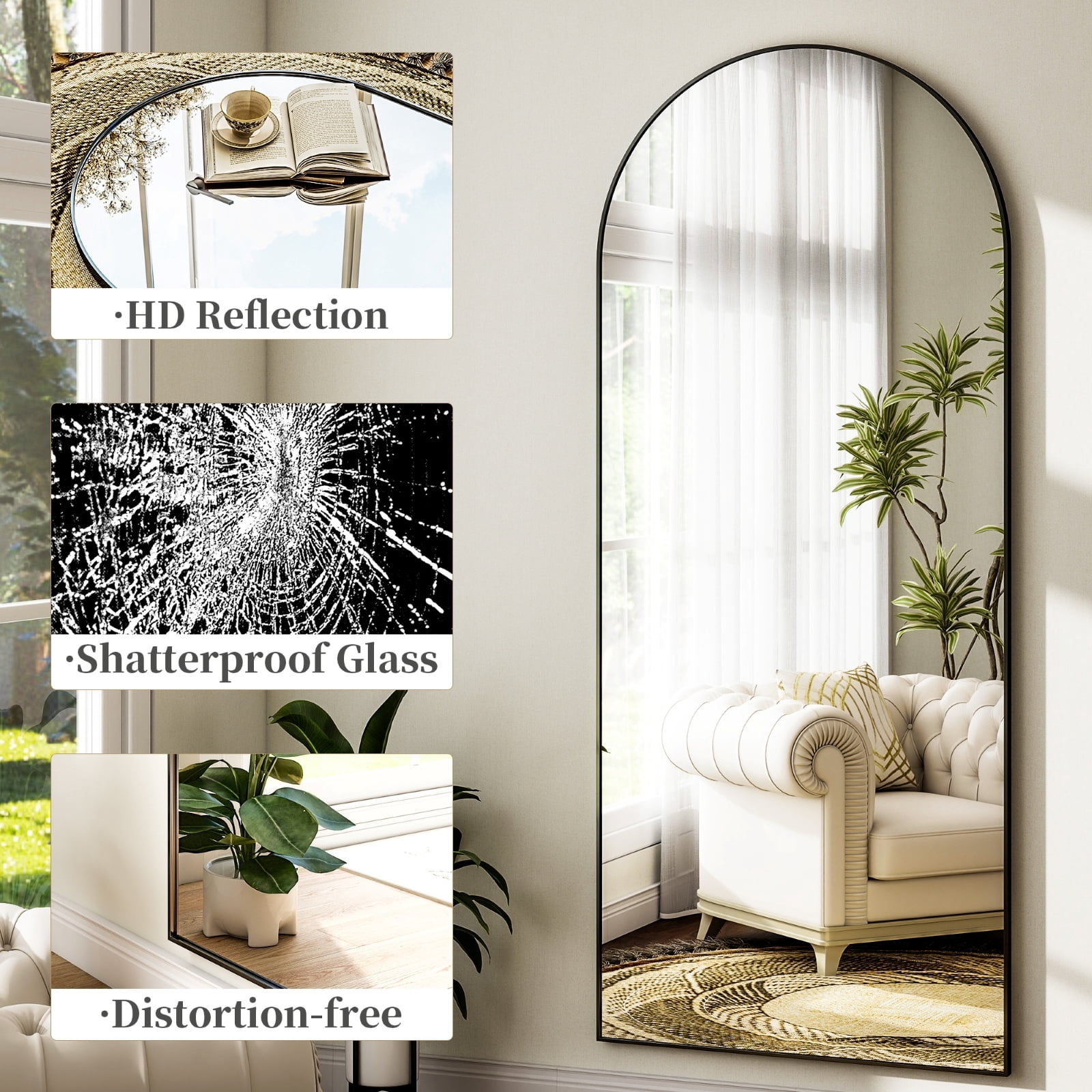 SEETHRUGLIMMER 71.5"x30" Arched Full Length Mirror Wall-Mounted Floor Mirror with Stand, Black