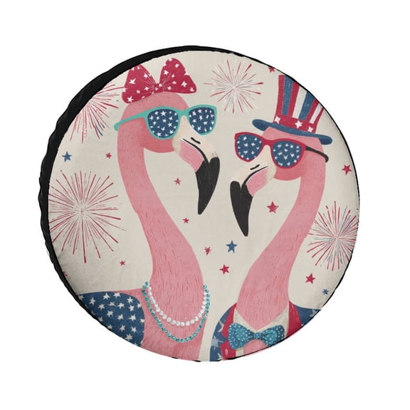 Camping Spare Tire Cover Patriotic Flamingo Wheel Protectors Weatherproof Wheel Covers Independence Day Patriotic Tire Cover for Camper Trailer Truck SUV Universal 12inch