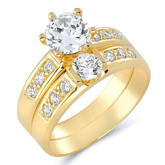Wellingsale Ladies Solid 14k Yellow Gold Polished CZ Cubic Zirconia Round Cut Engagement Ring with Side Stones and Wedding Band Bridal Set - Size 4