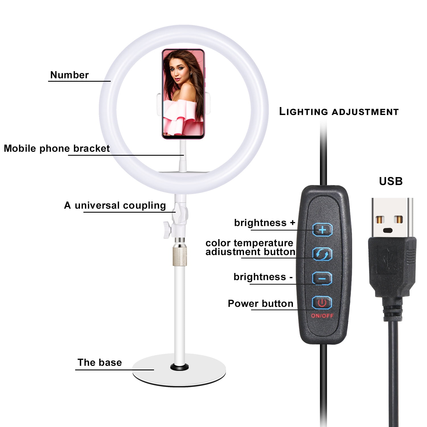 10-inch USB Ring Light for Desk or Table 3 Light Modes with Flexible Smartphone Stand  Streaming  YouTube Makeup TutorialsTikTok or Selfies White