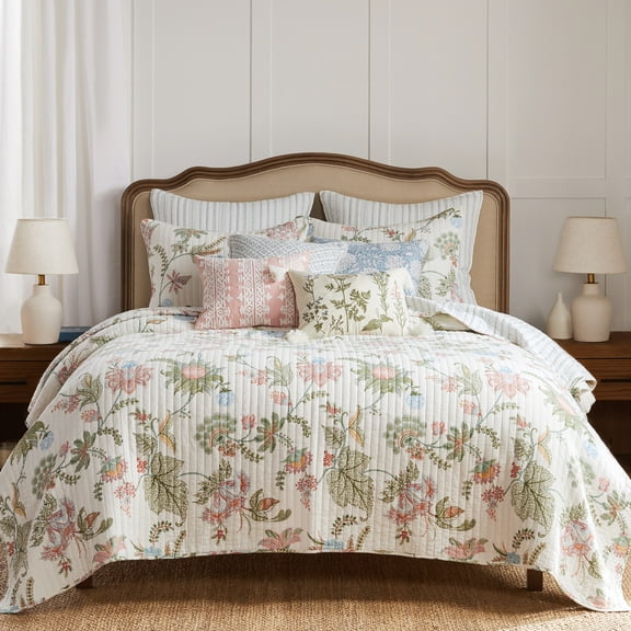 Levtex Home - Chantae Quilt Set - Full/Queen Quilt and Two Standard Shams - Flower Vines - White Blue Magenta Green - Quilt (88x92in.) and Shams (20x26in.) - Reversible - Cotton