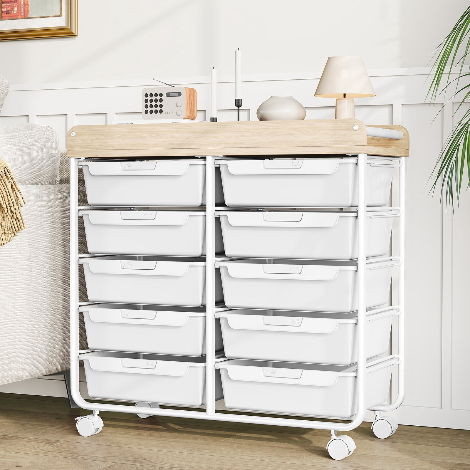 Rolling Storage Cart with 10 Drawers, KK KINGRACK Drawer Cart with Sturdy Frame for Craft Office School Storage, White