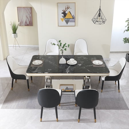 Dining Table Set 78.7 Inch Black Sintered Stone Faux Marble Top with 6 Chairs Titanium-Plated Dual Circle Stainless Steel Base Modern Luxury Kitchen and Dining Room Furniture