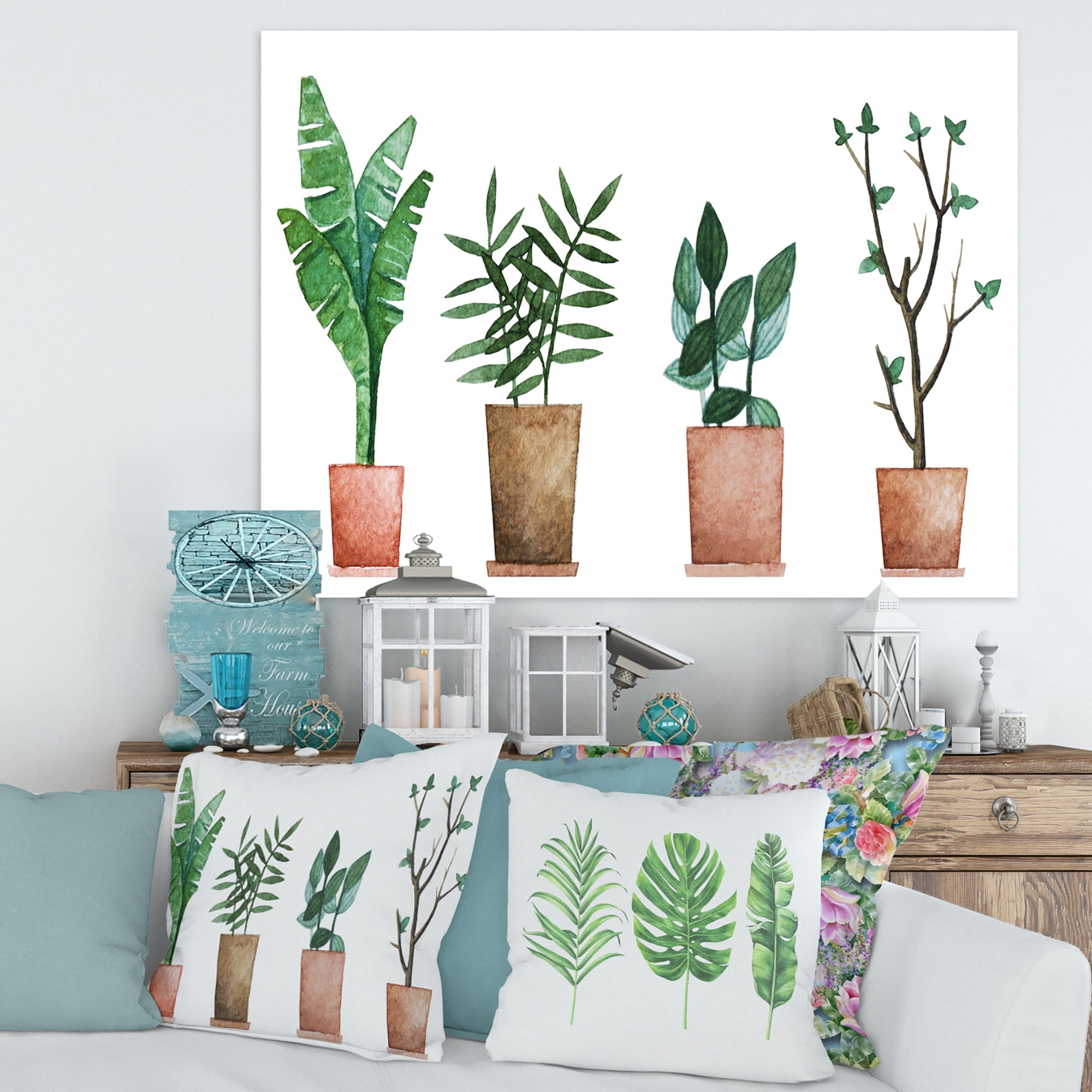 Designart ' Duo of Potted Flowers House Plants In Claypots ' Farmhouse Canvas Wall Art Print