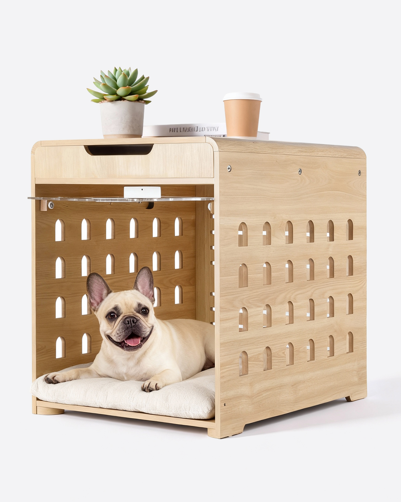 Furnibear Modern Dog Crate Furniture with Charging Station, Multifunctional Side End Table Indoor Kennel with Hidden Door for Small Dogs Breeds up to 45lb,Oak