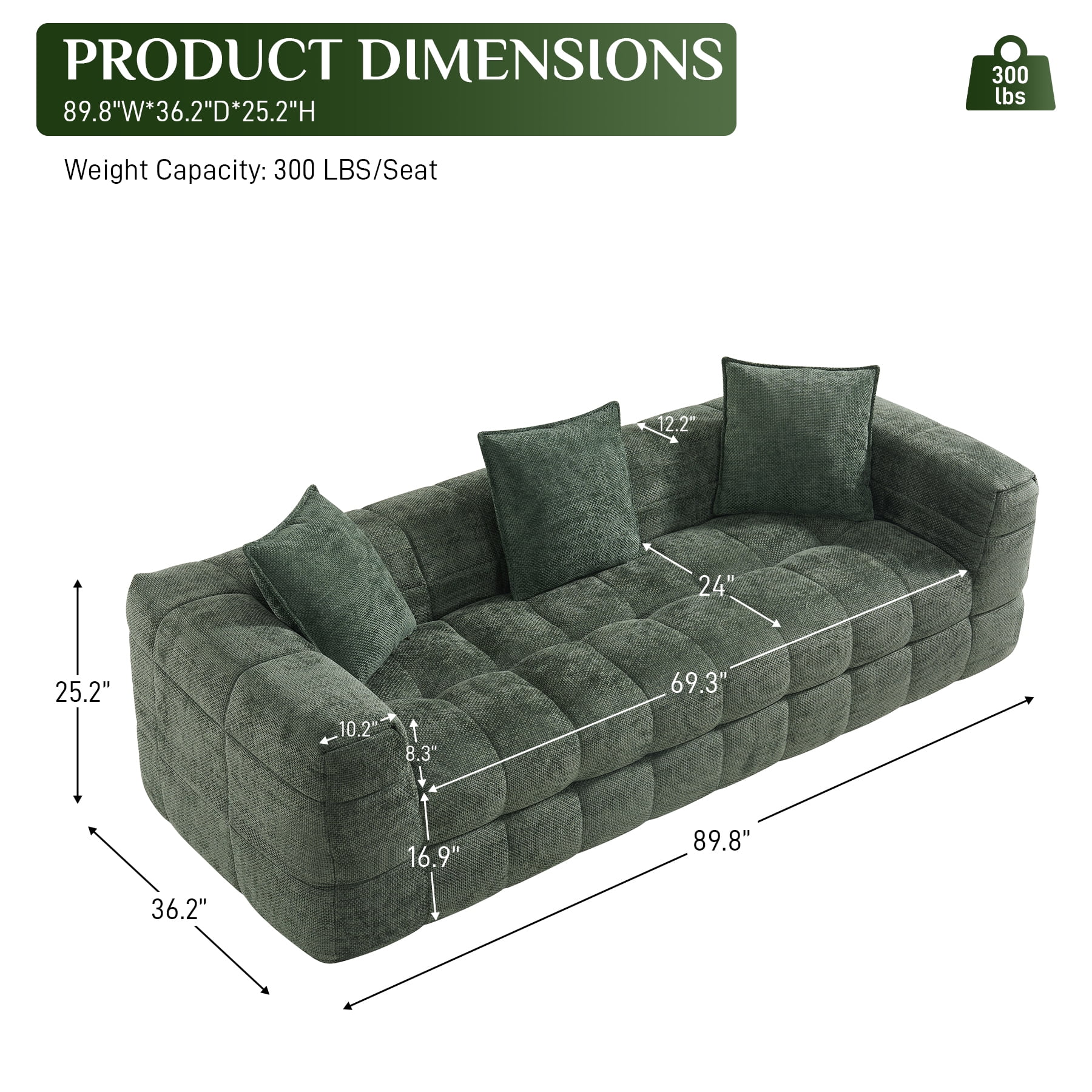 Wiilayok 89.8" Cloud Sofa Couch,Chenille 3 Seater Deep Seat Couch, No Assembly Required,Olive Green