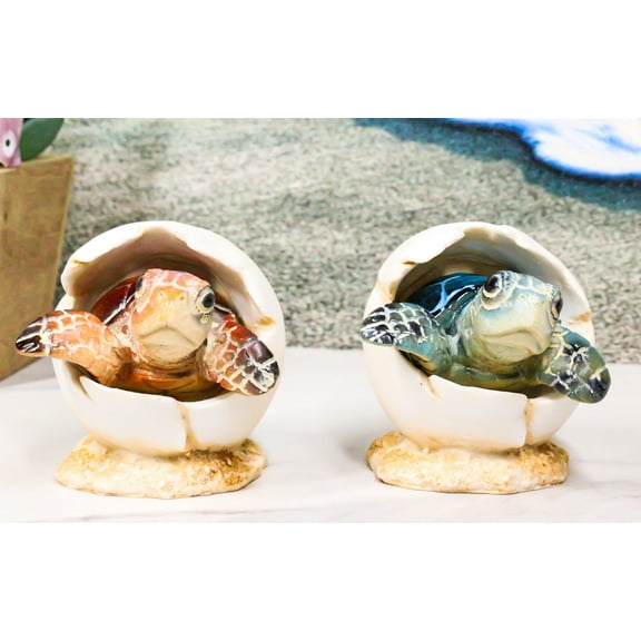 Pack Of 2 Marine Blue And Brown Sea Turtle Hatchlings In Egg Shells Figurines