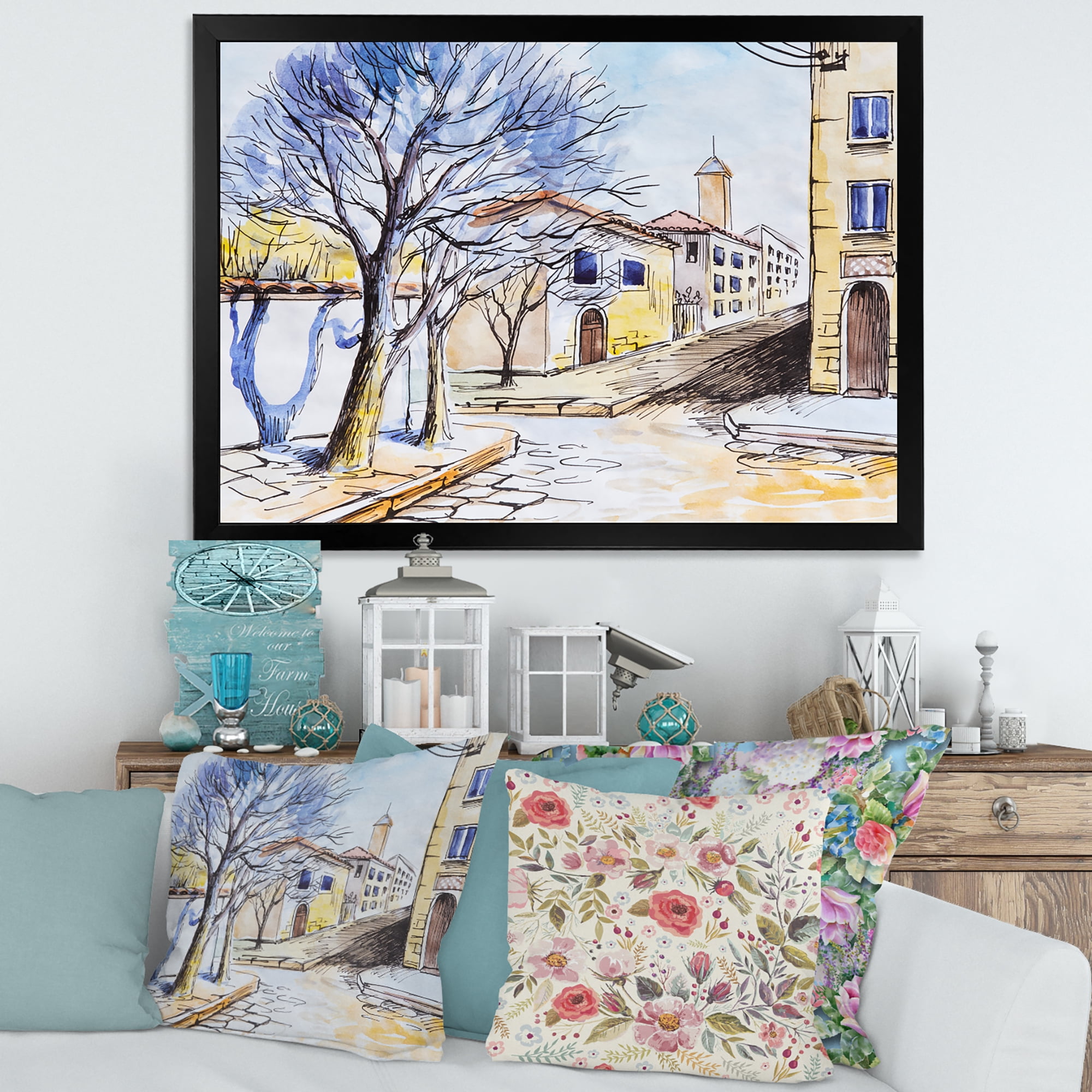 Designart 'Vintage White House In Summer VIllage' Traditional Framed Art Print