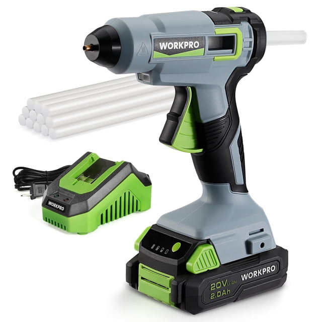 Pistola de pegamento termofusible inalámbrica WORKPRO 20 V 2.0 Ah con 12 barras de pegamento