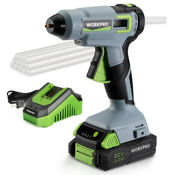 Pistola de pegamento termofusible inalámbrica WORKPRO 20 V 2.0 Ah con 12 barras de pegamento