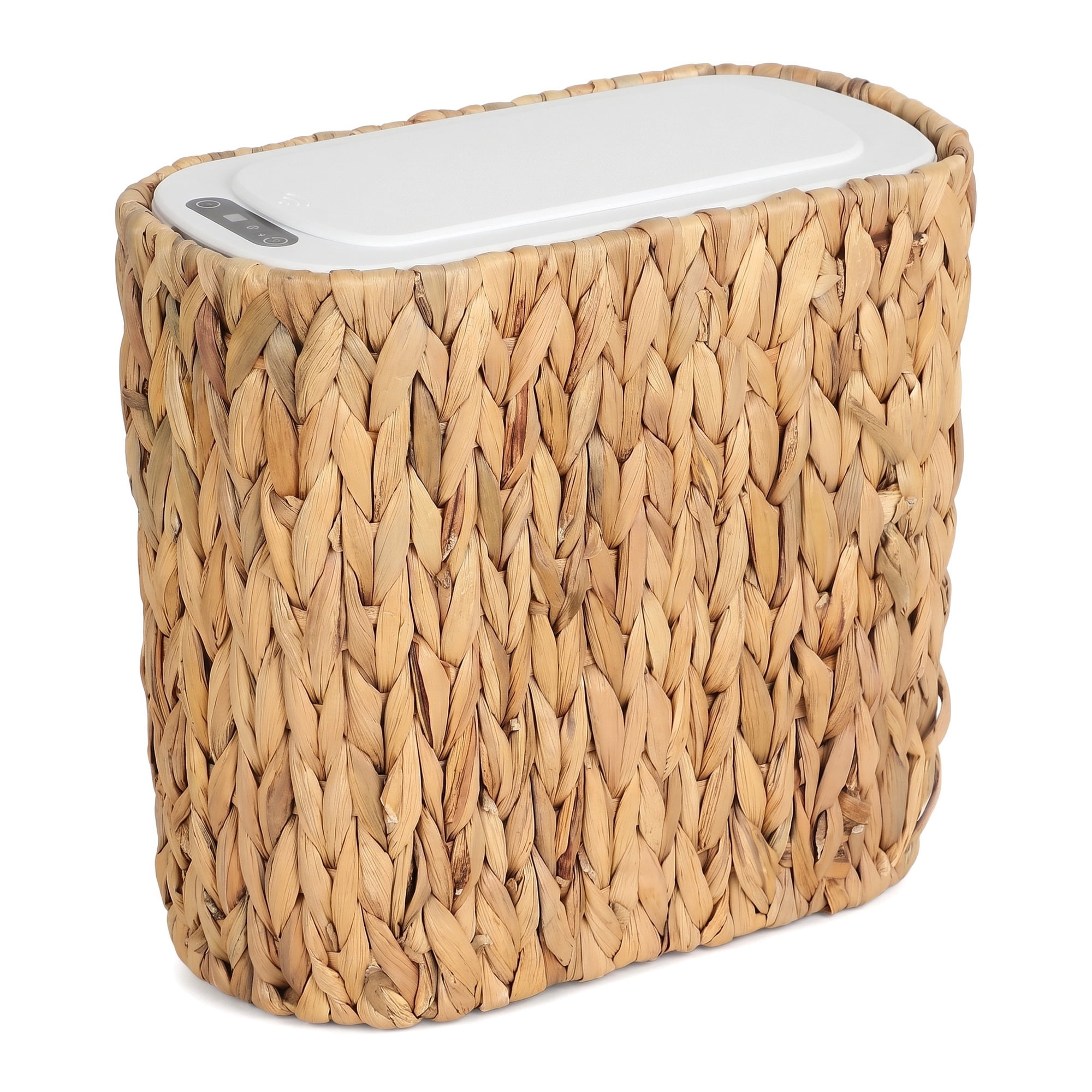 Unbranded Boho Kitchen Trash Can with Lid,3.5 Gallon Automatic Small Rattan Trash Can,Slim Wicker Motion Sensor Garbage Can and Hamper 2 in 1 for Bathroom,Narrow Waste Basket for Office, Living Room