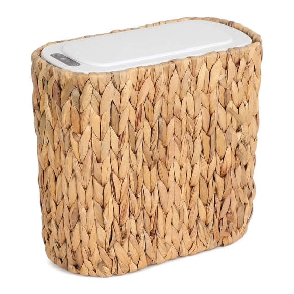 Unbranded Boho Kitchen Trash Can with Lid,3.5 Gallon Automatic Small Rattan Trash Can,Slim Wicker Motion Sensor Garbage Can and Hamper 2 in 1 for Bathroom,Narrow Waste Basket for Office, Living Room