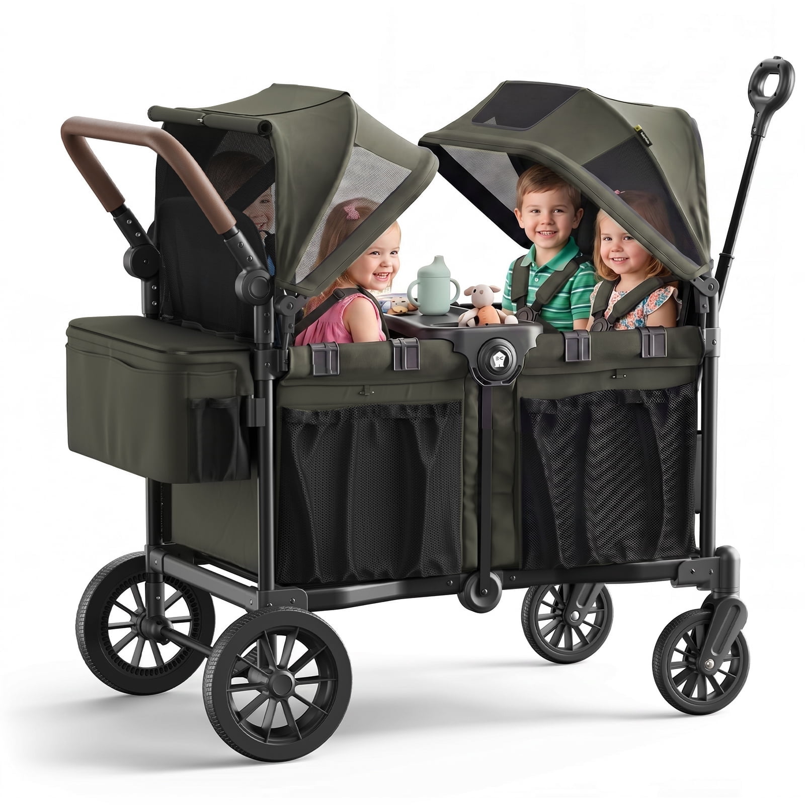 Mamazing 4-Seater Wagon Stroller for 4 Kids, All-Terrain Foldable Baby Stroller Wagon, Dual UPF 50+ Canopies, Push/Pull Handles, 5-Point Harnesses, Green
