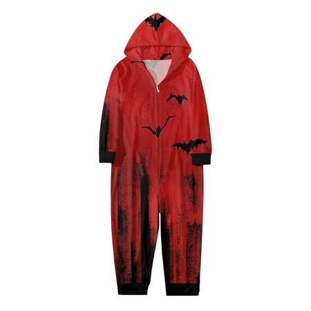 

Children Kids Happy Halloween Sets Red Prints Hooded Zipper Jumpsuit Family Outfit Features: