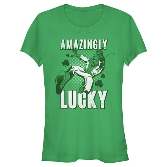 Junior's Marvel St. Patrick's Day Spider-Man Amazingly Lucky Graphic Tee Kelly Green 2X Large