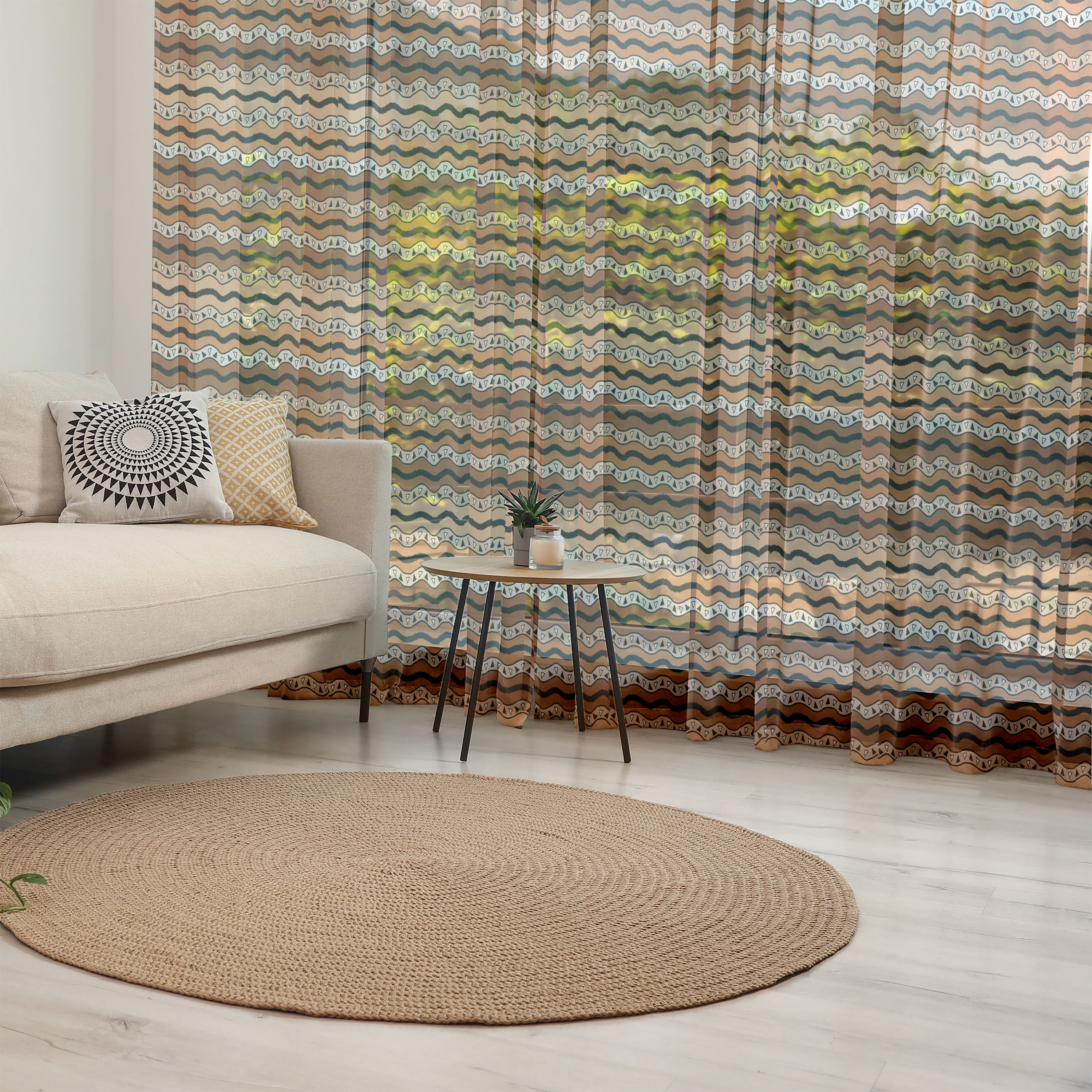 Zambia Tulle Curtains with Rod Pocket, Tribal Pattern with Wavy Lines