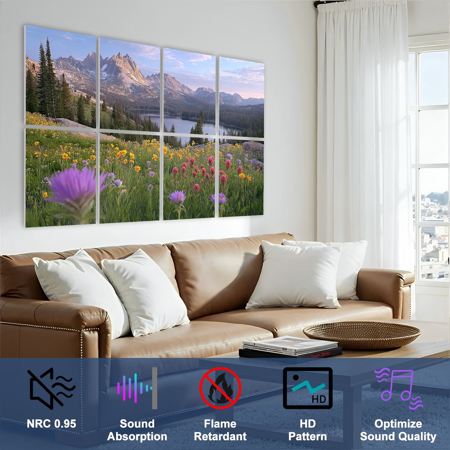 8 Pack Art Acoustic Panels Sound Absorbing Sawtooth Mountains Idaho Decorative Soundproof Wall Panels Self Adhesive for Nursery Game Room Bedroom 48"x32"