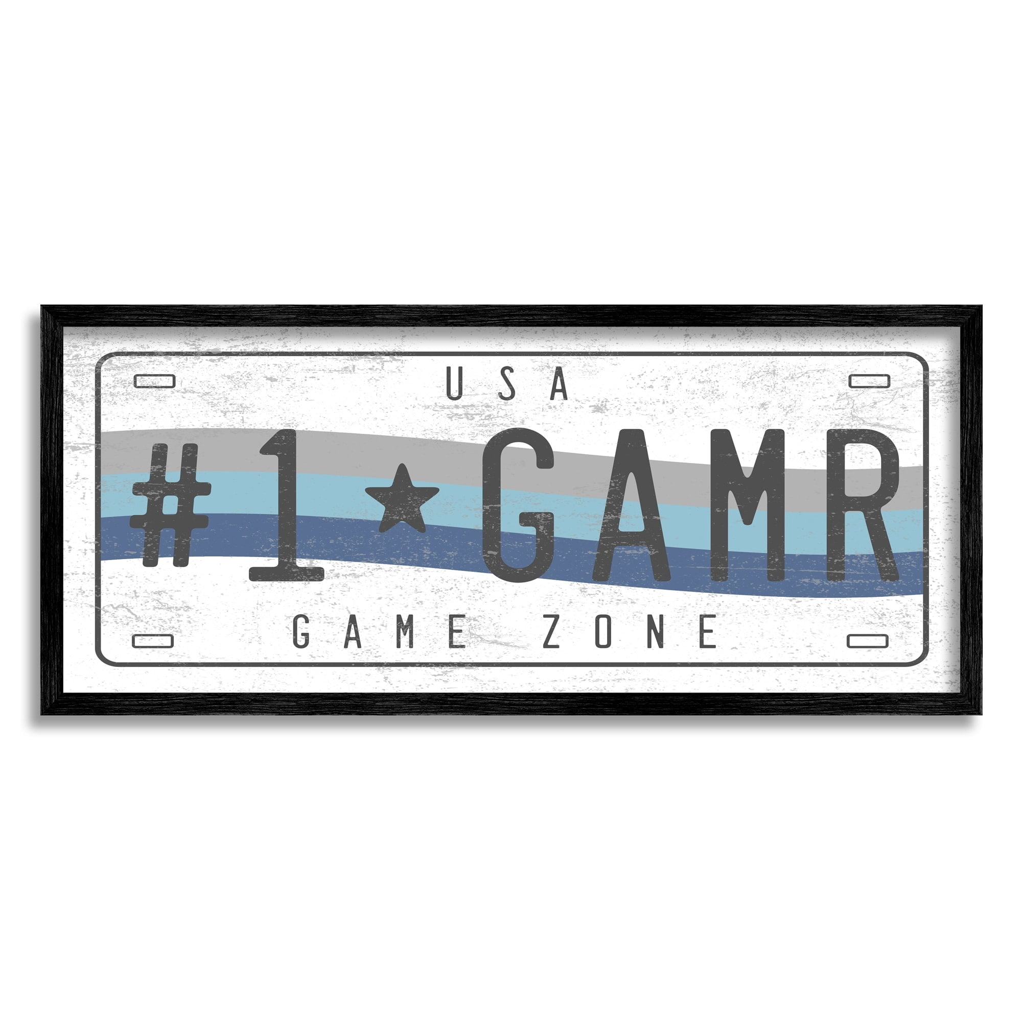 Stupell Industries #1 GAMR Blue Wave Rainbow License Plate Novelty Painting White Framed Art Print Wall Art, 13 x 30, Design by Daphne Polselli