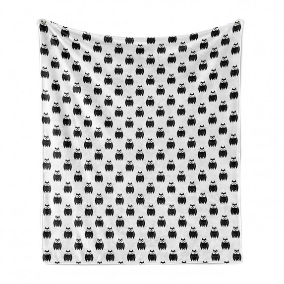 Owl Print Soft Flannel Fleece Throw Blanket, Repeating in Cartoon Style Illustrated onto a Plain Background, Cozy Plush for Indoor and Outdoor Use, 50" x 70", Charcoal Grey and White, by Ambesonne