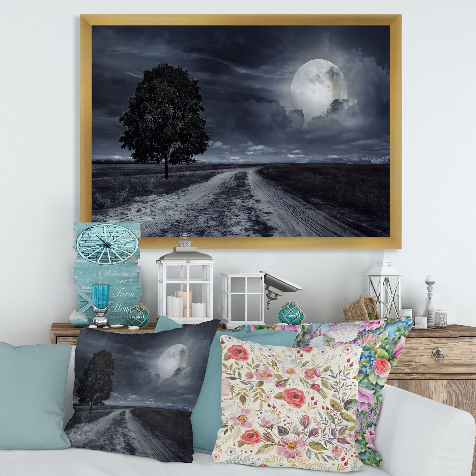 Designart 'A Full Moon Over Paved Road' Nautical & Coastal Framed Art Print