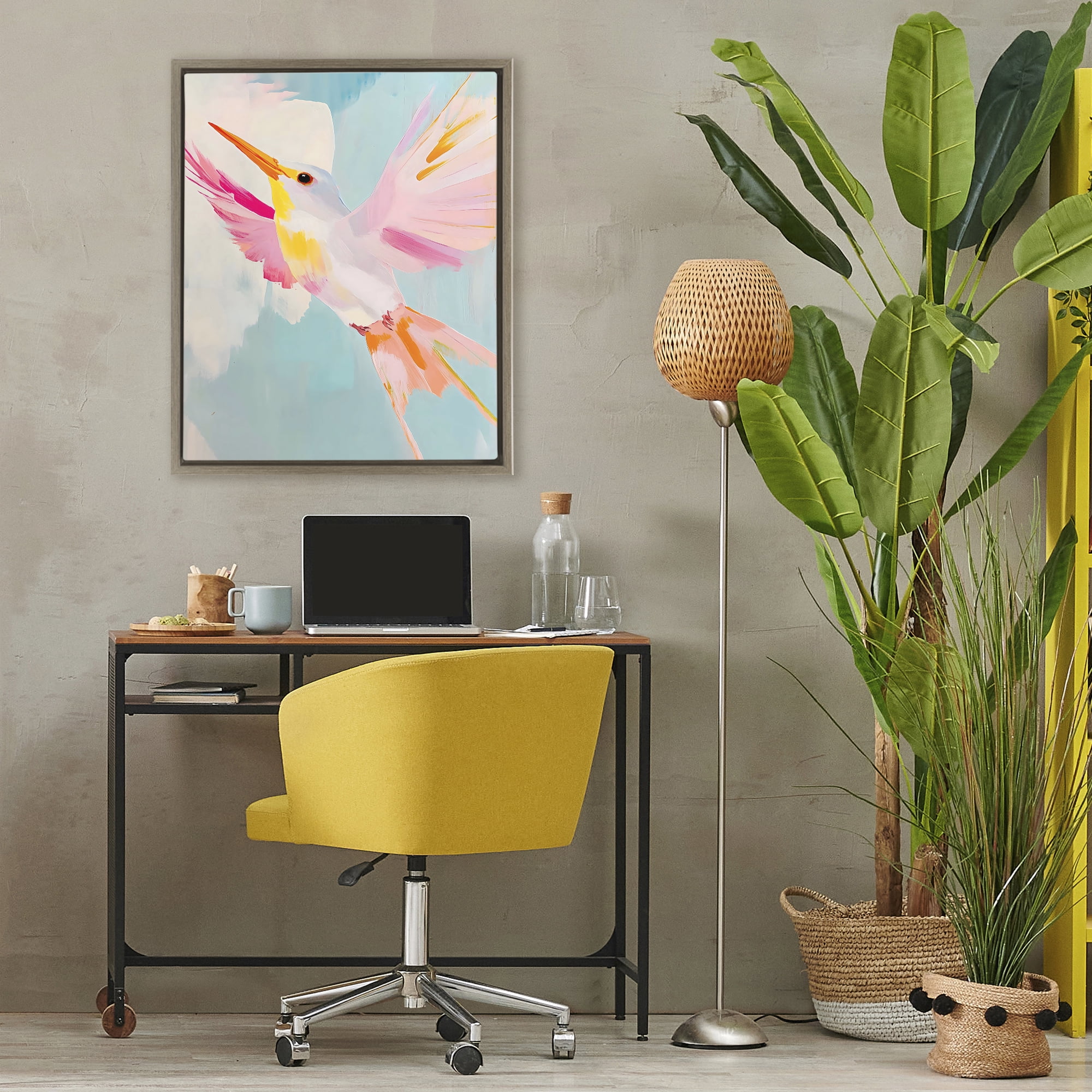 Stupell Industries Pastel Hummingbird Soaring Brown Framed Floater Canvas Wall Art, design by The Prints Vibe
