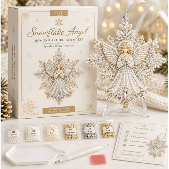 Angel Snowflake Diamond Art Ornament Kit Beginner Friendly DIY Winter Craft Set with Shimmer AB Crystals Pearls for Christmas Tree Hanging Home Decor Handmade Holiday Keepsake Gift