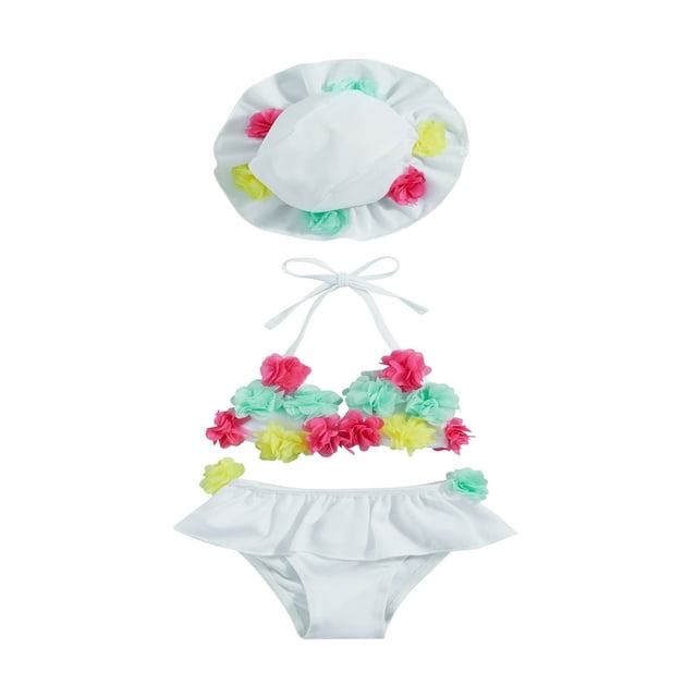 Infant Girls Swimsuits Tie-Up Tank Tops Ruffles Shorts Sun Hat Bikini Split Swimwear Set