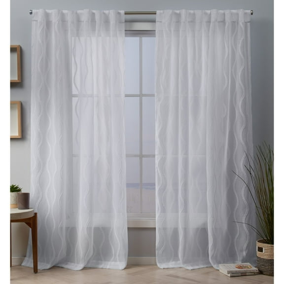 Exclusive Home Belfast Woven Wave Embellished Sheer Hidden Tab Top Curtain Panel Pair, 54"x96", White