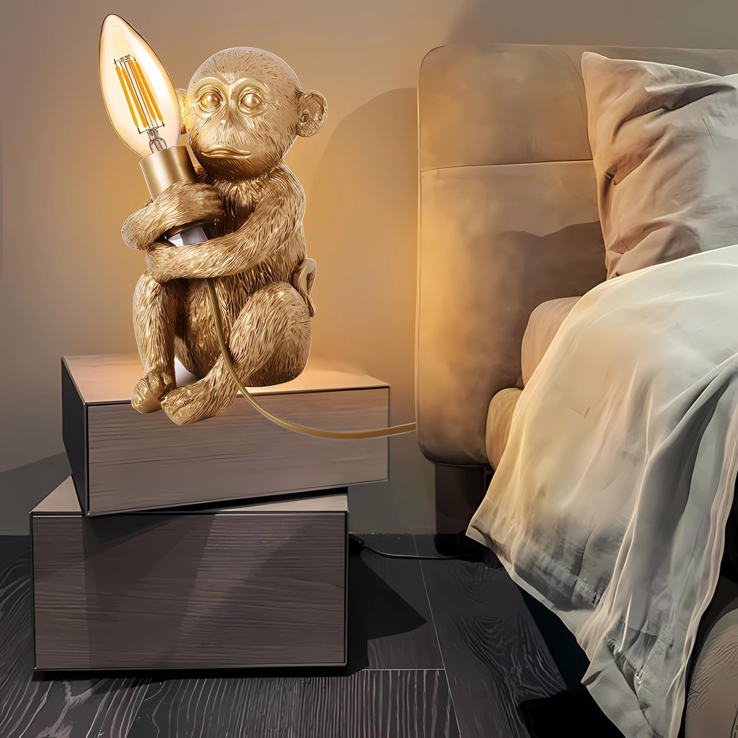 Hand-Carved Resin Monkey Table Lamp, -Whimsical Animal Desk Light for Bedroom, Living Room, Office & Cafe Decor, E12 Socket (Bulb Not Included), 7.9 inch