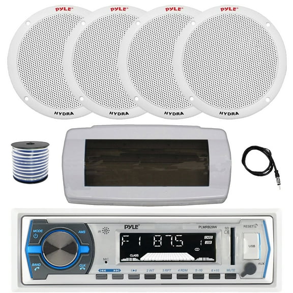 Pyle PLMRB29W Single DIN Bluetooth Marine MP3 AM/FM Stereo Receiver with White Cover, 22" Radio Antenna, Wire, 4x 6.5'' 400W Peak 2-Way Full Range Dual Cone Waterproof Stereo Speakers (White)