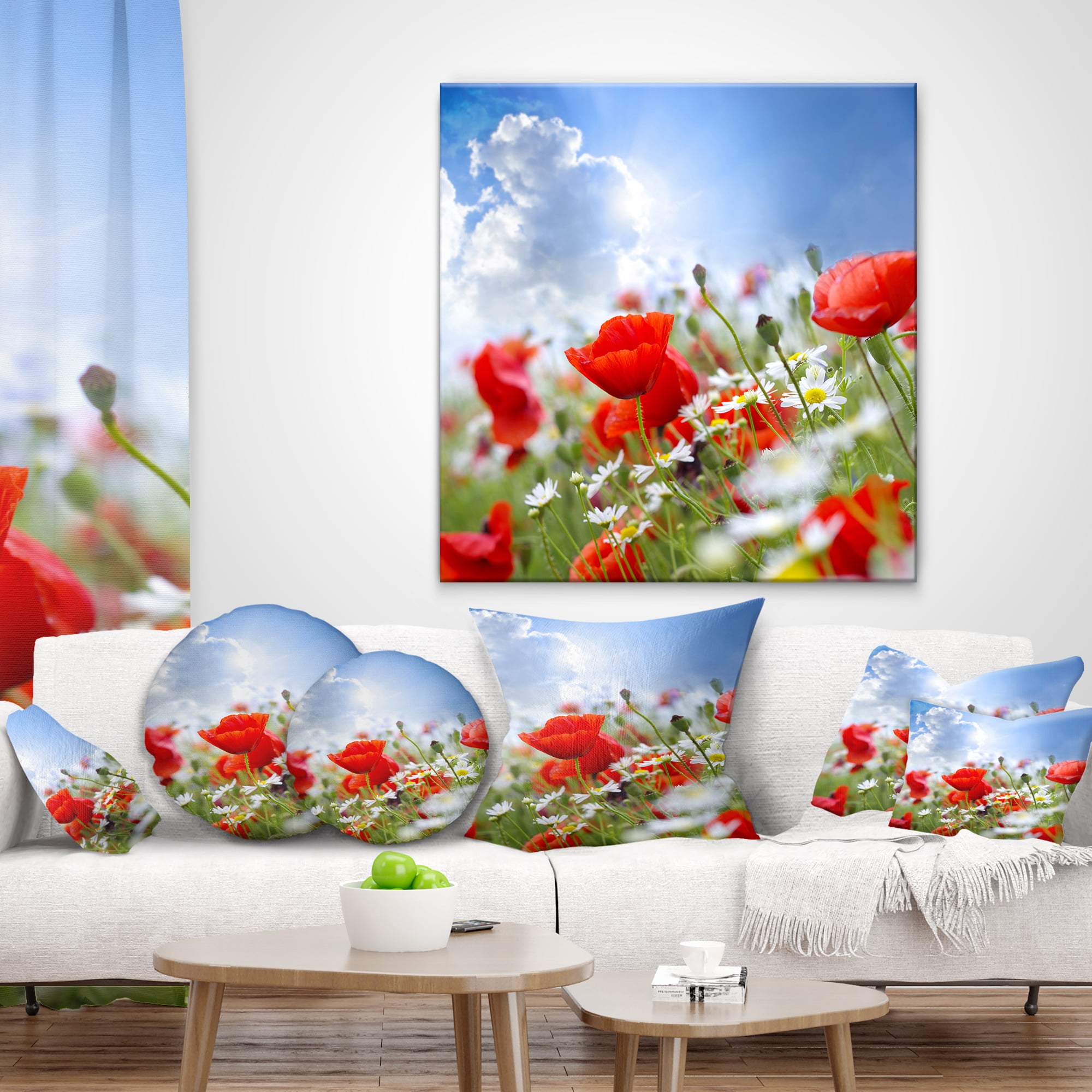 Designart Lovely Red Poppies on Sky Background - Floral Throw Pillow - 16x16