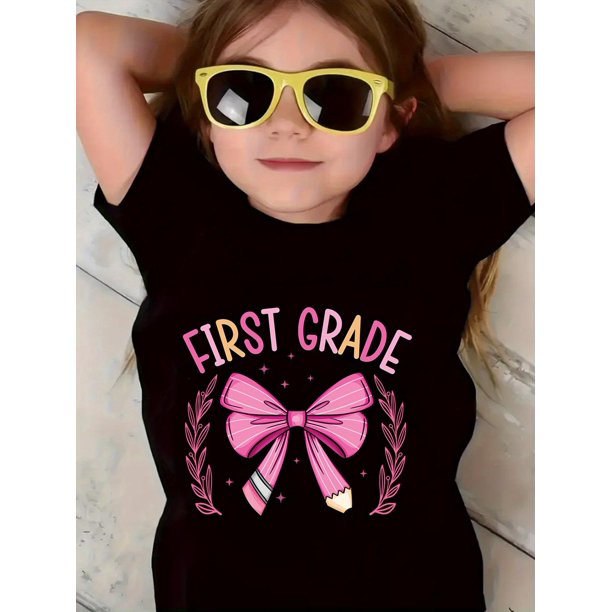 Girls' First Grade Celebration T-Shirt - Soft Stretchy School Shirt with Pink Bow & pencil Print, First Day of School outfit - Machine Washable Cotton Top - Casual Casual attire, Breathable Fabri