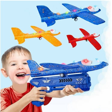 Extra Large 3 Pack Glider Airplane Launcher Toy, Durable Foam Plane with LED, 3 Ways to Play, 3 Flying Modes, Outdoor Flying Plane, Blue/Red LaunchingGun, Popular Flying Toy