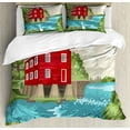 thumbnail image 1 of Georgia Duvet Cover Set King Size, Welcome to Peach State Calligraphy with a House, Decorative 3 Piece Bedding Set with 2 Pillow Shams, Eggshell Vermilion Turquoise and Tan, by Ambesonne, 1 of 3