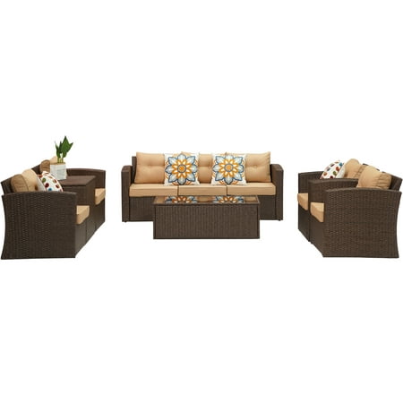 Superjoe 9 Pcs Outdoor Patio Furniture Set Aluminum Frame Patio Sectional Sofa Set with Storage Box and Coffee Table Brown