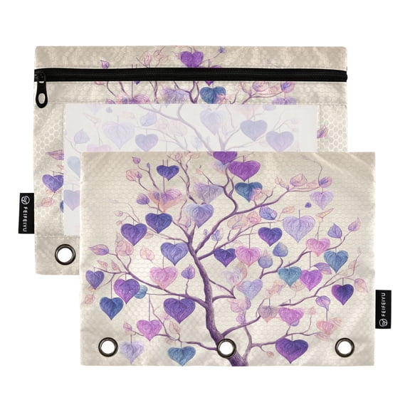 2 Pack 3 Ring Binder Pouch with Clear PVC Window Water Resistant Zipper Pencil Pouch Purple Heart-shaped Leaves Binder Pocket for Classroom Office Home Stationery Organization