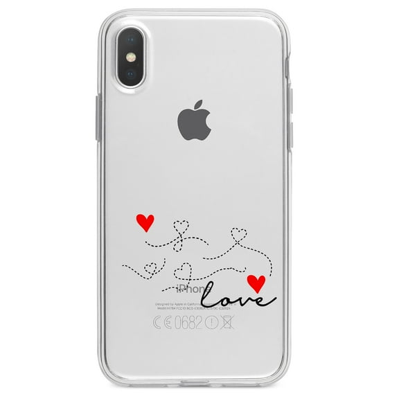 DistinctInk Clear Shockproof Hybrid Case for iPhone XR (6.1" Screen) - TPU Bumper Acrylic Back Tempered Glass Screen Protector - Love Heart Flourish Black & Red