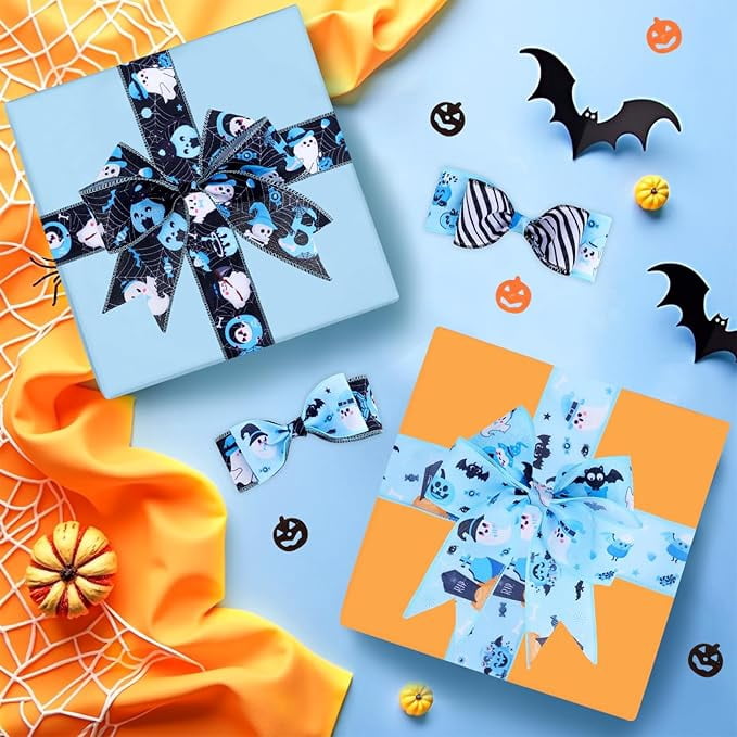 4 Rolls 20 Yards Blue and Black Halloween Wired Ribbons, 2.5 Inch Ghost Pumpkin Bat Printed Grosgrain Ribbon, Halloween Themed Fabric Ribbon for Wreaths, Wrapping Gifts, Crafts