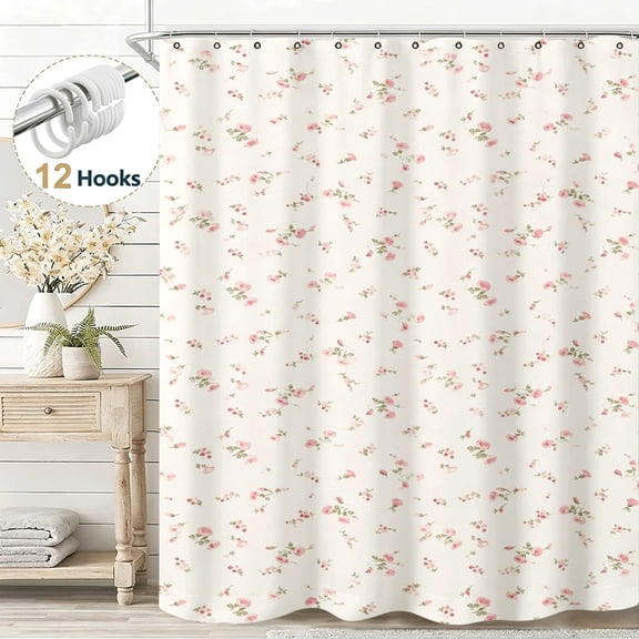 Vintage Watercolor Flower Fabric Small Pink Rose Floral Shower Curtain, Elegant Exquisite Bathroom Shower Curtain Set, Waterproof Cloth Fabric Shower Curtain with Hooks for Bathroom Decor, 36*72in